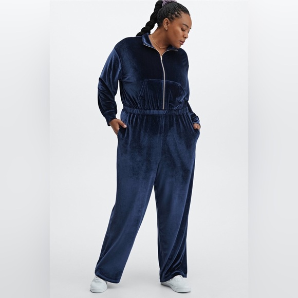 Fabletics Velour Zip-Up Wide Leg Onesie Deep Blue Outerwear Plus size onesie - Picture 1 of 15